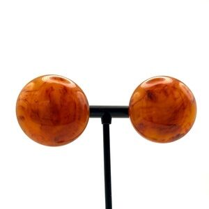 Vintage BAKELITE Caramel Amber Swirl Dome Earrings 1” | Tested | Screwback
